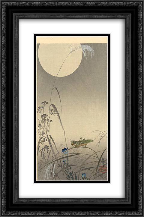 Grasshoper and Fool Moon 16x24 Black Ornate Wood Framed Art Print Poster with Double Matting by Koson, Ohara