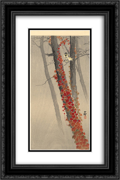 Great tits on a branch 16x24 Black Ornate Wood Framed Art Print Poster with Double Matting by Koson, Ohara