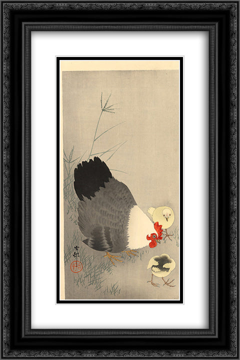 Hen and two chicks in grass 16x24 Black Ornate Wood Framed Art Print Poster with Double Matting by Koson, Ohara