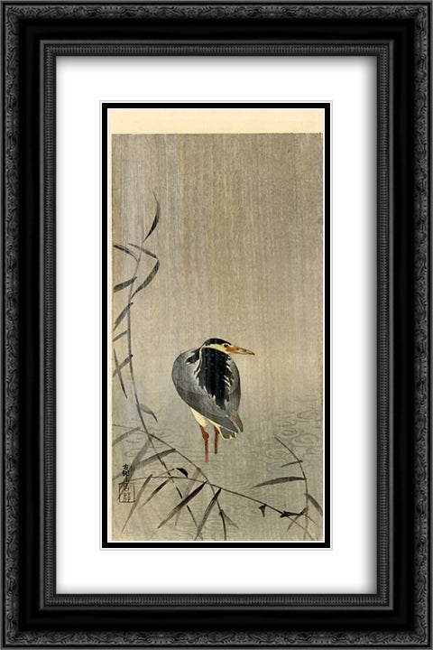 Heron in Downpour 16x24 Black Ornate Wood Framed Art Print Poster with Double Matting by Koson, Ohara