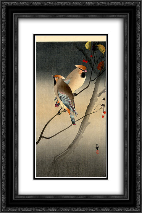 Jays on Berry Tree 16x24 Black Ornate Wood Framed Art Print Poster with Double Matting by Koson, Ohara