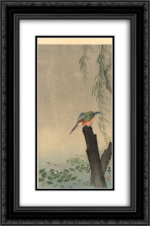 Kingfisher 16x24 Black Ornate Wood Framed Art Print Poster with Double Matting by Koson, Ohara