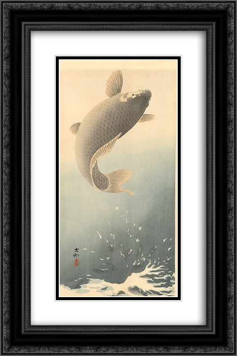 Leaping Carp 16x24 Black Ornate Wood Framed Art Print Poster with Double Matting by Koson, Ohara