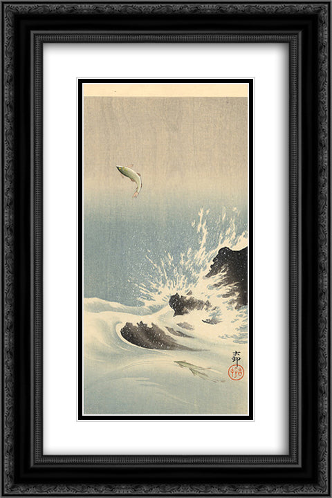 Leaping Salmon 16x24 Black Ornate Wood Framed Art Print Poster with Double Matting by Koson, Ohara