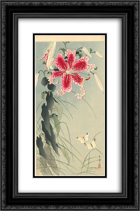 Lily and Butterflies 16x24 Black Ornate Wood Framed Art Print Poster with Double Matting by Koson, Ohara