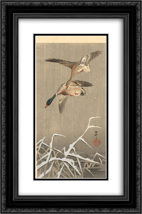 Mallards 16x24 Black Ornate Wood Framed Art Print Poster with Double Matting by Koson, Ohara