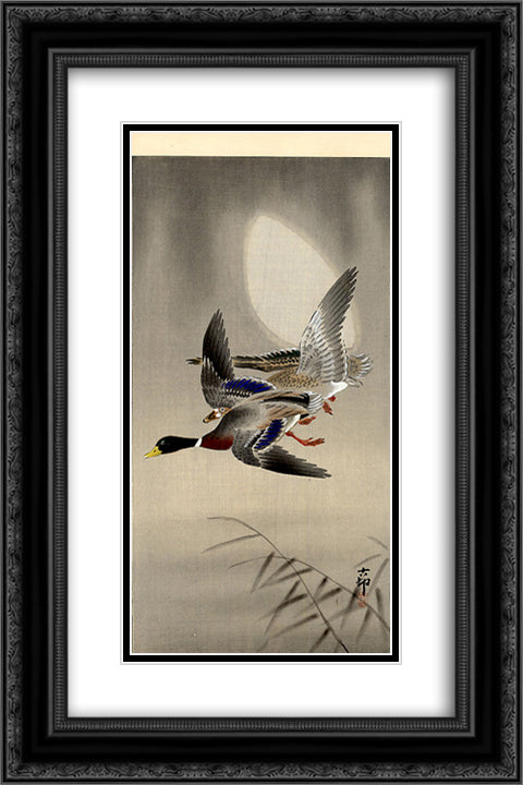 Mallards and Moon 16x24 Black Ornate Wood Framed Art Print Poster with Double Matting by Koson, Ohara