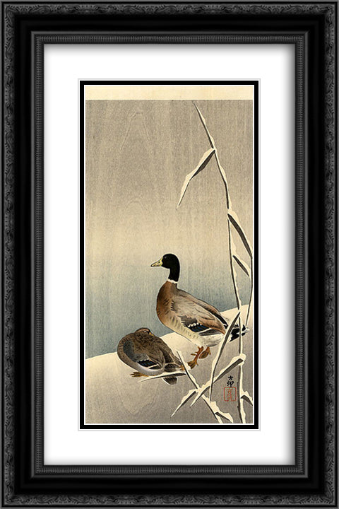 Mallards in Snow 16x24 Black Ornate Wood Framed Art Print Poster with Double Matting by Koson, Ohara