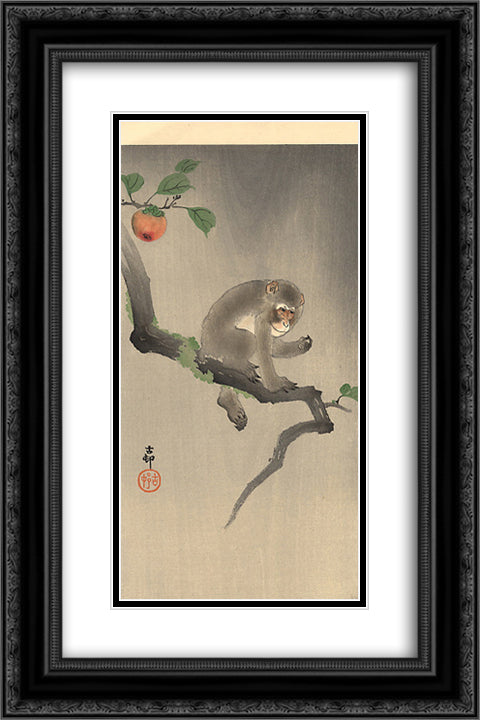 Monkey on the tree 16x24 Black Ornate Wood Framed Art Print Poster with Double Matting by Koson, Ohara