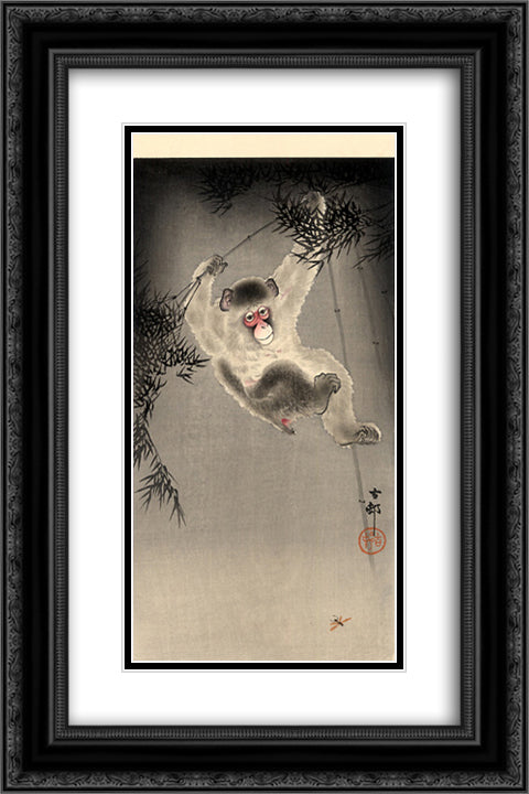 Monkey Swinging from a Bamboo Branch, Observing a Fly 16x24 Black Ornate Wood Framed Art Print Poster with Double Matting by Koson, Ohara