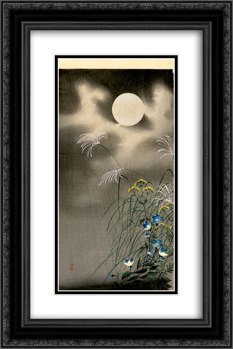 Moon and Blue Flowers 16x24 Black Ornate Wood Framed Art Print Poster with Double Matting by Koson, Ohara