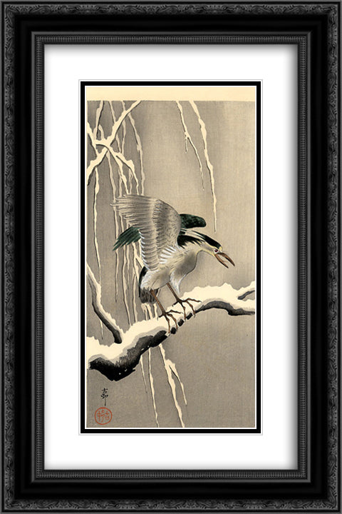 Night Heron on a Snowy Branch 16x24 Black Ornate Wood Framed Art Print Poster with Double Matting by Koson, Ohara