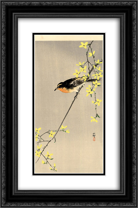 Orange-Breasted Bird 16x24 Black Ornate Wood Framed Art Print Poster with Double Matting by Koson, Ohara