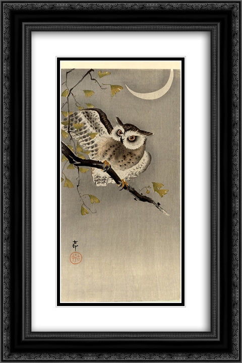 Owl on ginkgo branch (Scops owl under crescent moon) 16x24 Black Ornate Wood Framed Art Print Poster with Double Matting by Koson, Ohara