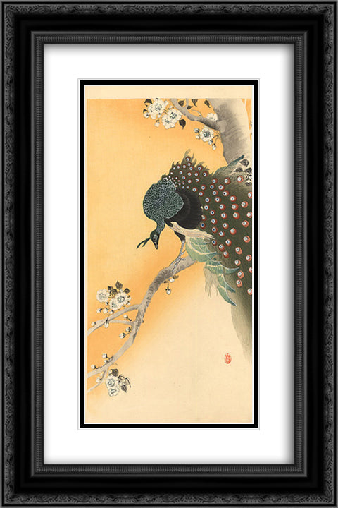 Peacock 16x24 Black Ornate Wood Framed Art Print Poster with Double Matting by Koson, Ohara