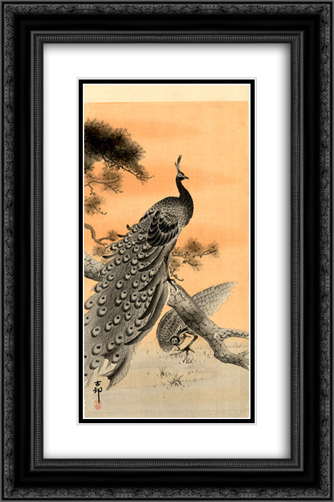 Peacock and Hen 16x24 Black Ornate Wood Framed Art Print Poster with Double Matting by Koson, Ohara