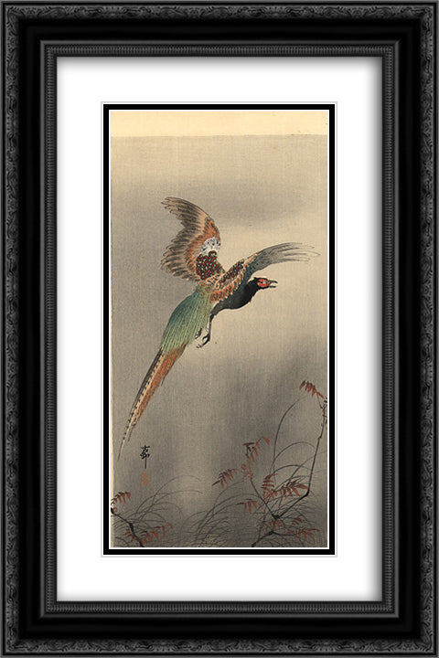 Pheasant in Flight 16x24 Black Ornate Wood Framed Art Print Poster with Double Matting by Koson, Ohara