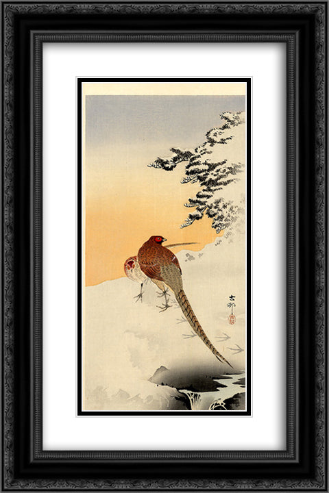 Pheasants on the snow 16x24 Black Ornate Wood Framed Art Print Poster with Double Matting by Koson, Ohara