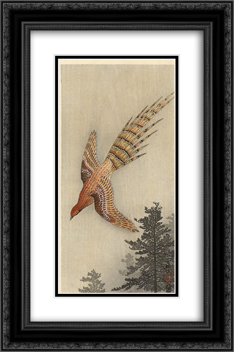 Quail over the forest 16x24 Black Ornate Wood Framed Art Print Poster with Double Matting by Koson, Ohara