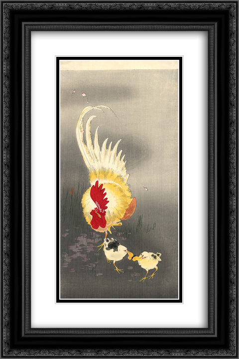 Rooster and chicks 16x24 Black Ornate Wood Framed Art Print Poster with Double Matting by Koson, Ohara