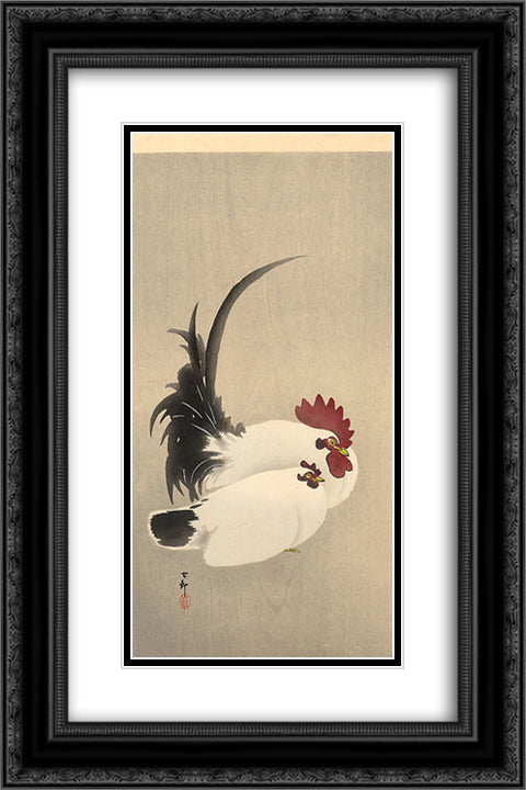 Rooster and Hen 16x24 Black Ornate Wood Framed Art Print Poster with Double Matting by Koson, Ohara