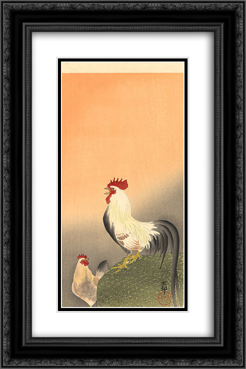 Rooster and Hen at Sunrise 16x24 Black Ornate Wood Framed Art Print Poster with Double Matting by Koson, Ohara