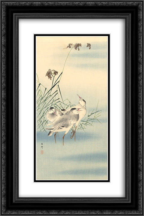 Sandpipers 16x24 Black Ornate Wood Framed Art Print Poster with Double Matting by Koson, Ohara