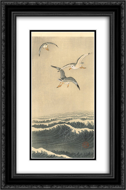 Seagulls over the Waves 16x24 Black Ornate Wood Framed Art Print Poster with Double Matting by Koson, Ohara