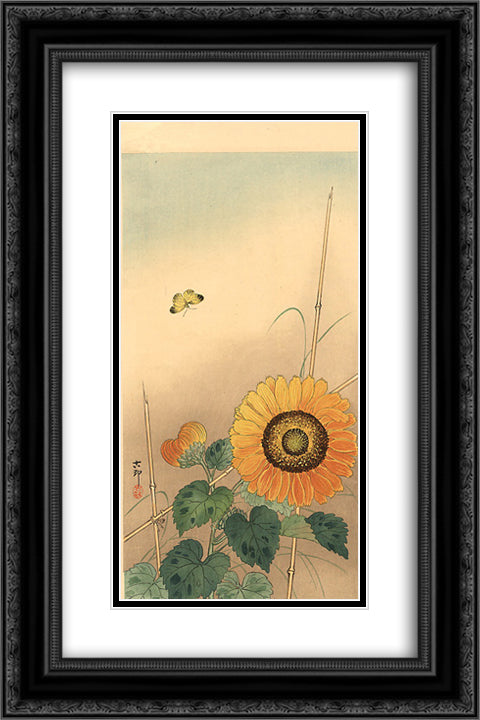 Small butterfly and sunflower 16x24 Black Ornate Wood Framed Art Print Poster with Double Matting by Koson, Ohara