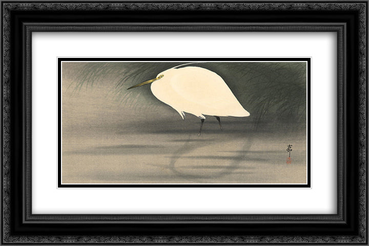 Small white egret 24x16 Black Ornate Wood Framed Art Print Poster with Double Matting by Koson, Ohara