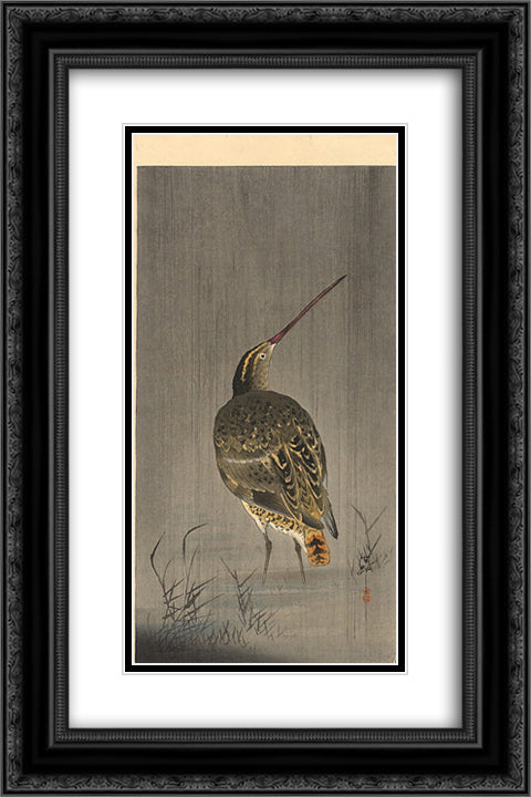 Snipe in Rain 16x24 Black Ornate Wood Framed Art Print Poster with Double Matting by Koson, Ohara