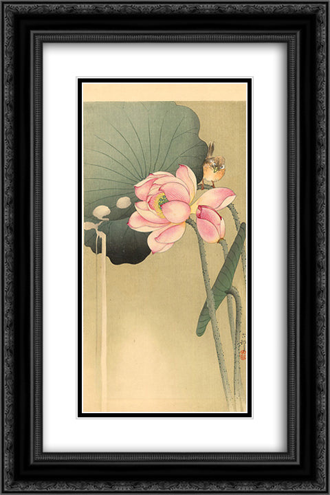 Songbird and Lotus 16x24 Black Ornate Wood Framed Art Print Poster with Double Matting by Koson, Ohara