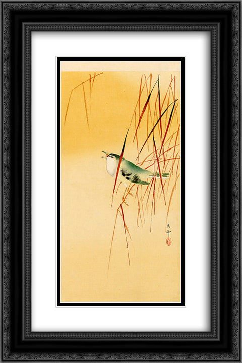 Songbird in Reeds 16x24 Black Ornate Wood Framed Art Print Poster with Double Matting by Koson, Ohara