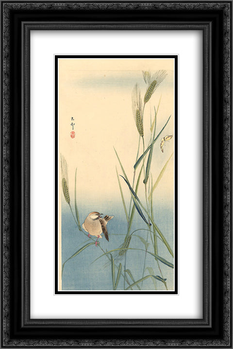 Songbird on Barley Stalk 16x24 Black Ornate Wood Framed Art Print Poster with Double Matting by Koson, Ohara