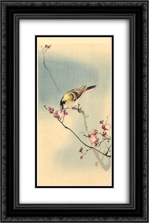 Songbird on plum blossom 16x24 Black Ornate Wood Framed Art Print Poster with Double Matting by Koson, Ohara