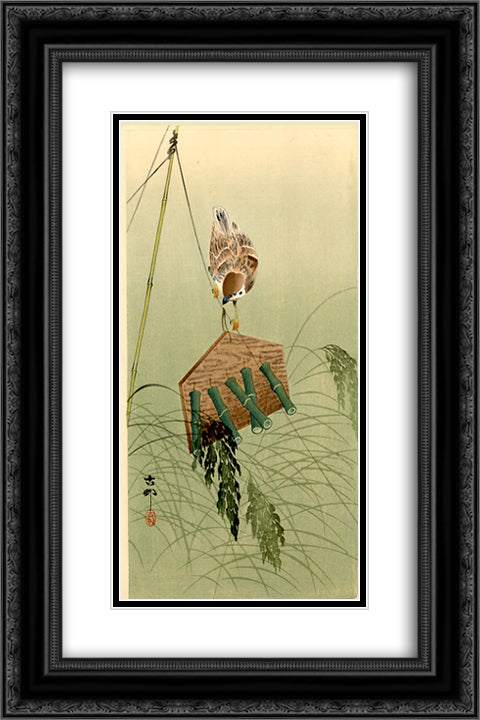 Sparrow and Scarecrow 16x24 Black Ornate Wood Framed Art Print Poster with Double Matting by Koson, Ohara