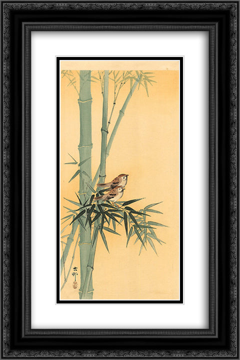 Sparrows on bamboo tree 16x24 Black Ornate Wood Framed Art Print Poster with Double Matting by Koson, Ohara