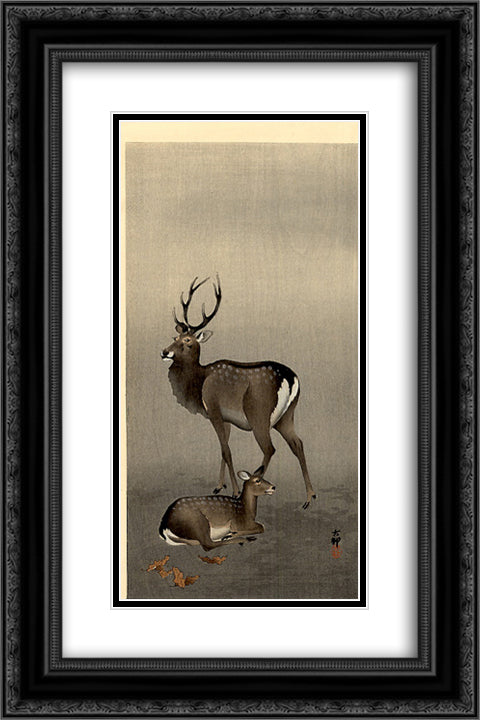 Stag and Recumbent Doe 16x24 Black Ornate Wood Framed Art Print Poster with Double Matting by Koson, Ohara