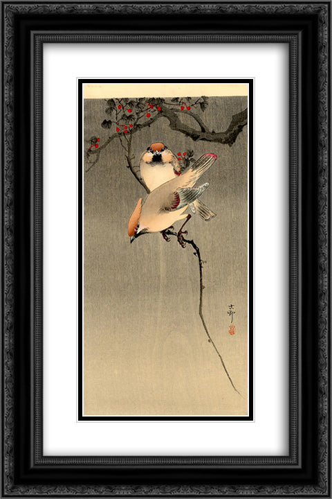 Starlings and Cherry Tree 16x24 Black Ornate Wood Framed Art Print Poster with Double Matting by Koson, Ohara