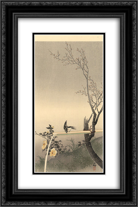 Stonechat 16x24 Black Ornate Wood Framed Art Print Poster with Double Matting by Koson, Ohara