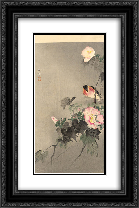 Stonechat and blossoming flower 16x24 Black Ornate Wood Framed Art Print Poster with Double Matting by Koson, Ohara