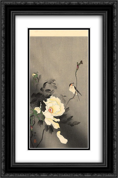 Swallow with Peony 16x24 Black Ornate Wood Framed Art Print Poster with Double Matting by Koson, Ohara