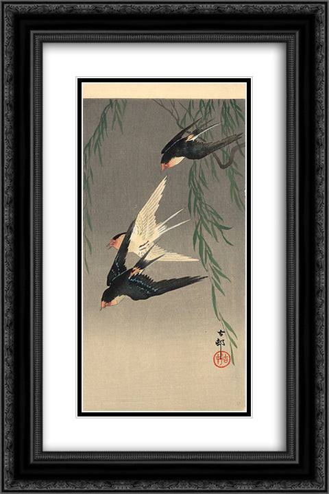 Swallows in Flight 16x24 Black Ornate Wood Framed Art Print Poster with Double Matting by Koson, Ohara