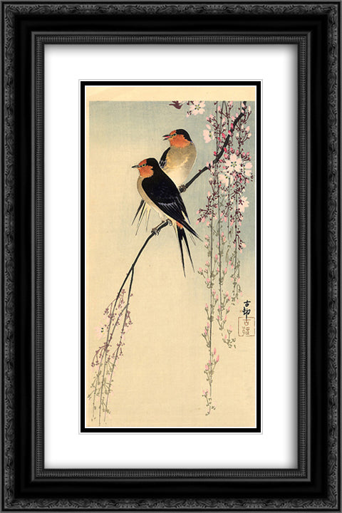 Swallows with cherry blossom 16x24 Black Ornate Wood Framed Art Print Poster with Double Matting by Koson, Ohara