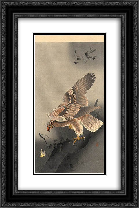 Swooping Eagle 16x24 Black Ornate Wood Framed Art Print Poster with Double Matting by Koson, Ohara