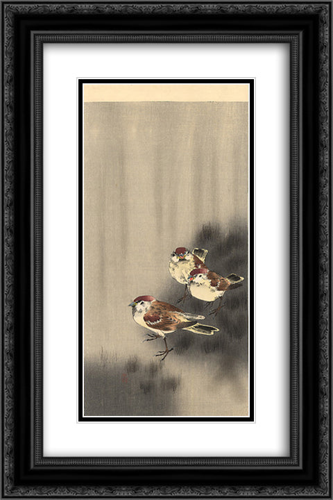 Three Tree Sparrows in a rain shower 16x24 Black Ornate Wood Framed Art Print Poster with Double Matting by Koson, Ohara