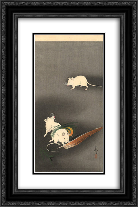 Three White Mice 16x24 Black Ornate Wood Framed Art Print Poster with Double Matting by Koson, Ohara