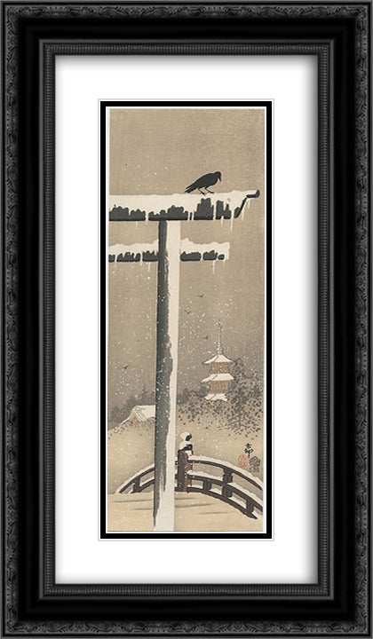 Torii and Crow in the Snow 14x24 Black Ornate Wood Framed Art Print Poster with Double Matting by Koson, Ohara