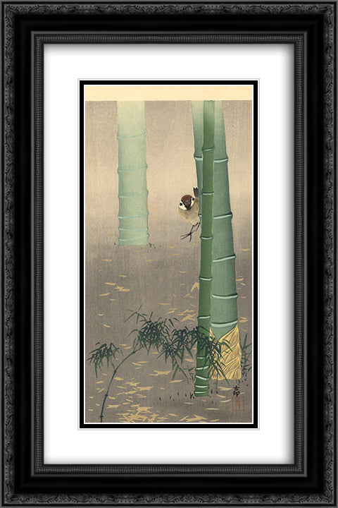 Tree sparrow and bamboo 16x24 Black Ornate Wood Framed Art Print Poster with Double Matting by Koson, Ohara