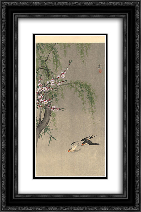 Two Barn Swallows in Flight, Willow Branch and Flowering Cherry above 16x24 Black Ornate Wood Framed Art Print Poster with Double Matting by Koson, Ohara